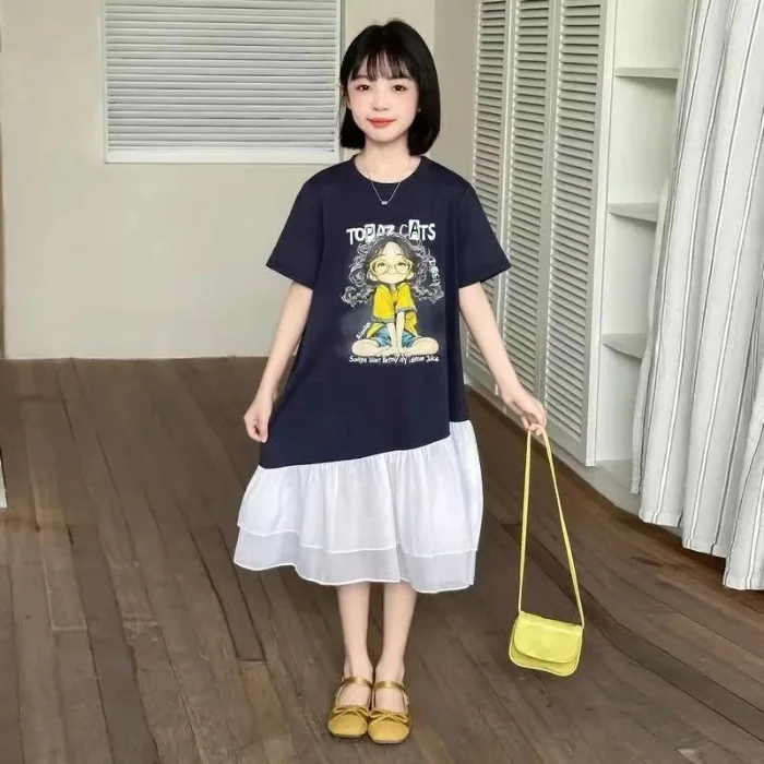 Girls Mesh Spliced Color-Block Princess Dress – T-Shirt Style Casual Summer Gown,Daily Wear & Party, Toddler Kids Outfit 5