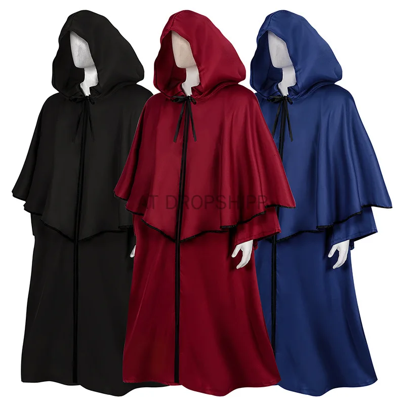 Medieval Monk Cosplay Wizard Hooded Robe Steampunk Priest Horror Cloak For Men Unisex Mask Hat Costume Halloween Masquerade Cape