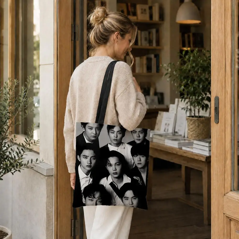 K-pop group E-EXO Storage Bags Large Capacity Canvas Tote Bag Environmental Foldable Shopping Bag