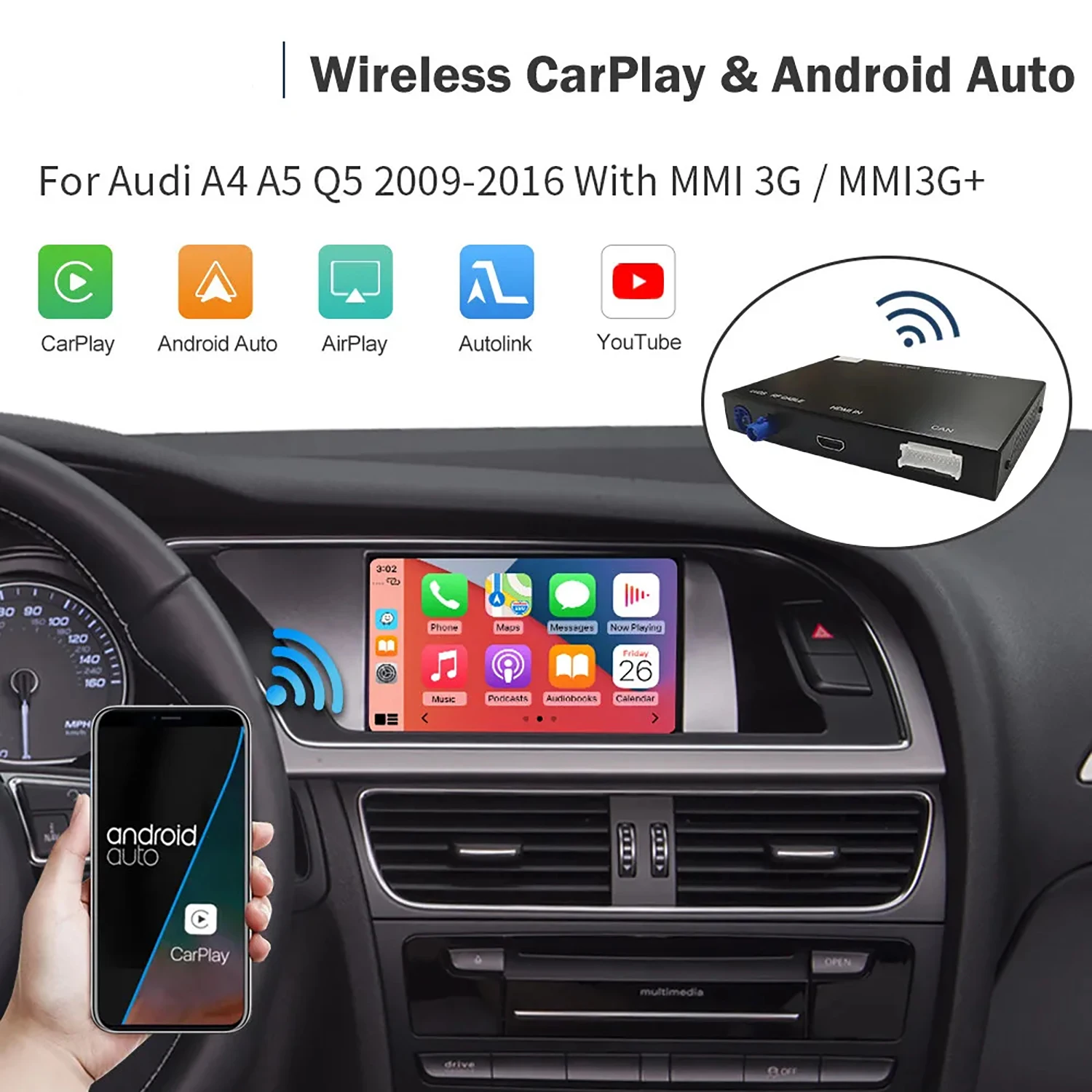 

Беспроводной автомобильный интерфейс CarPlay Android для Audi A4 B8 A5 Q5 2009-2015 с функциями воспроизведения в автомобиле AirPlay Mirror Link