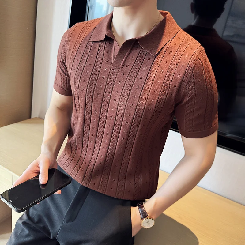 Men's Polo Shirt, Striped Jacquard Knit Short Sleeve, T-shirt V-neck Solid Color Elastic Top 2024. M-3XL