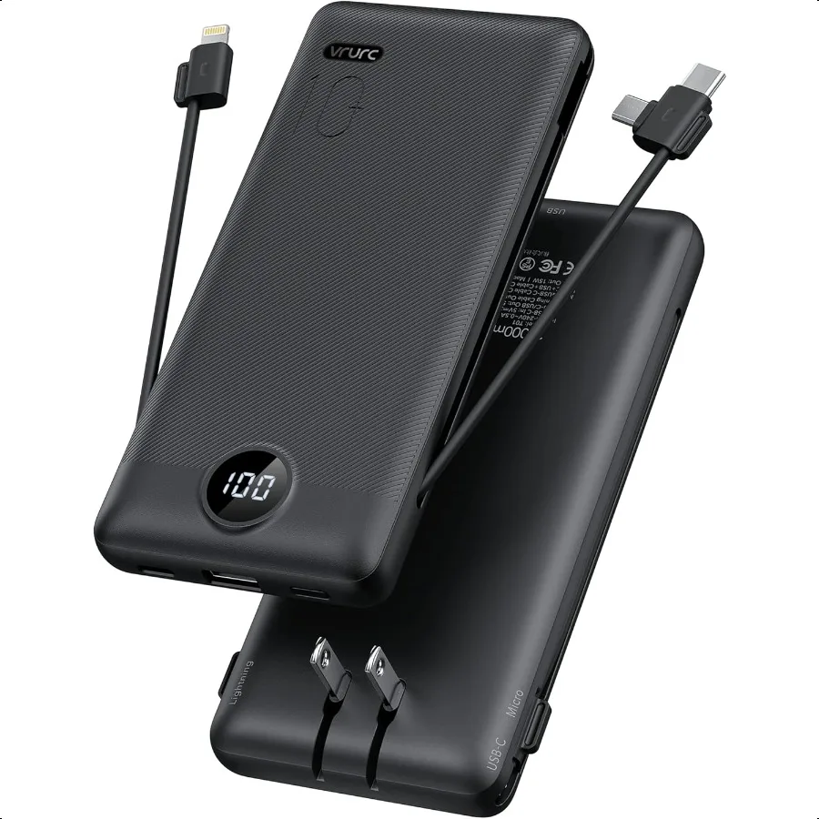 

VRURC Portable Charger Builtin Cables and AC Wall Plug USB C Power Bank 10000mAh Travel entials Phone Charger Compact Lightweig