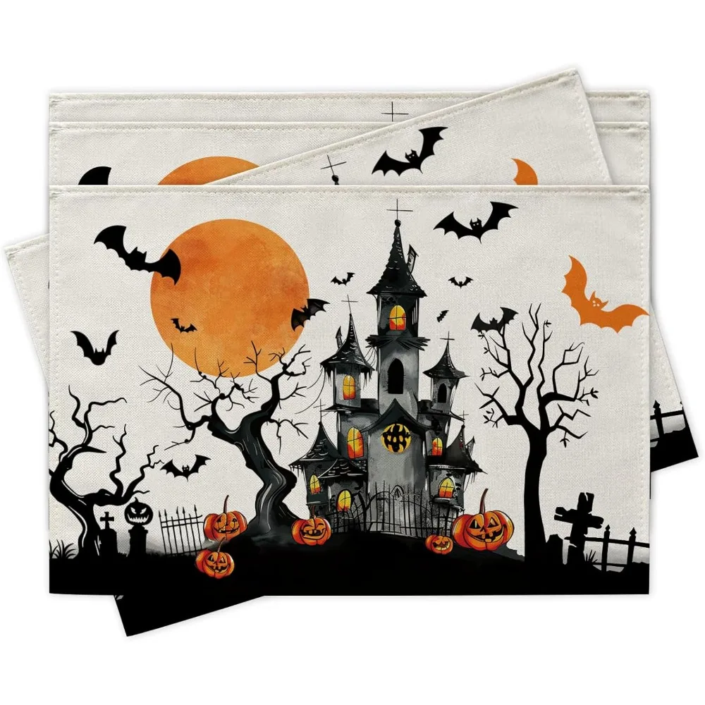 Halloween Horror Castle Placemats Set Of 4, Scary Haunted House Moon Bats Dining Place Mats Table Decor, Creepy Tree