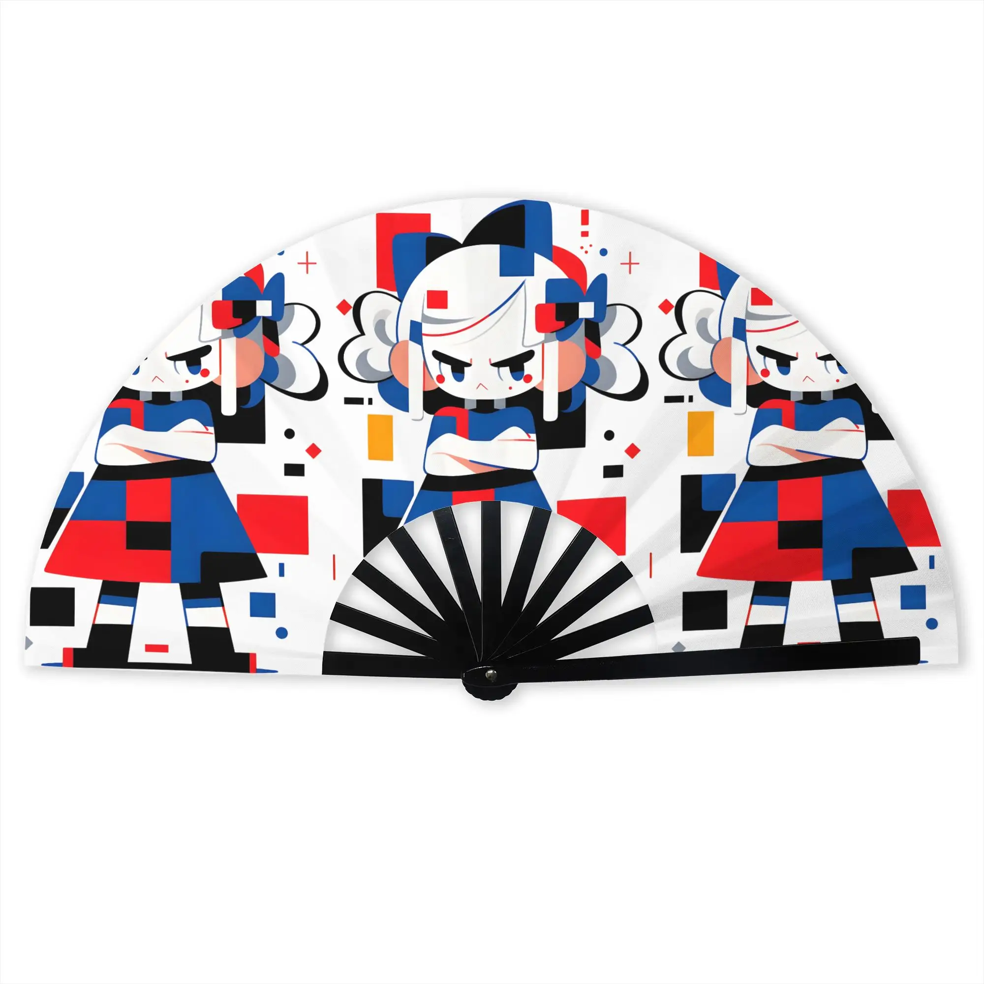 Mondrian Girl  Folding Hand Fan DIY Plaid Abstract Art  Polyester Fabric Fan Fashion Summer Accessory Decorative Fans