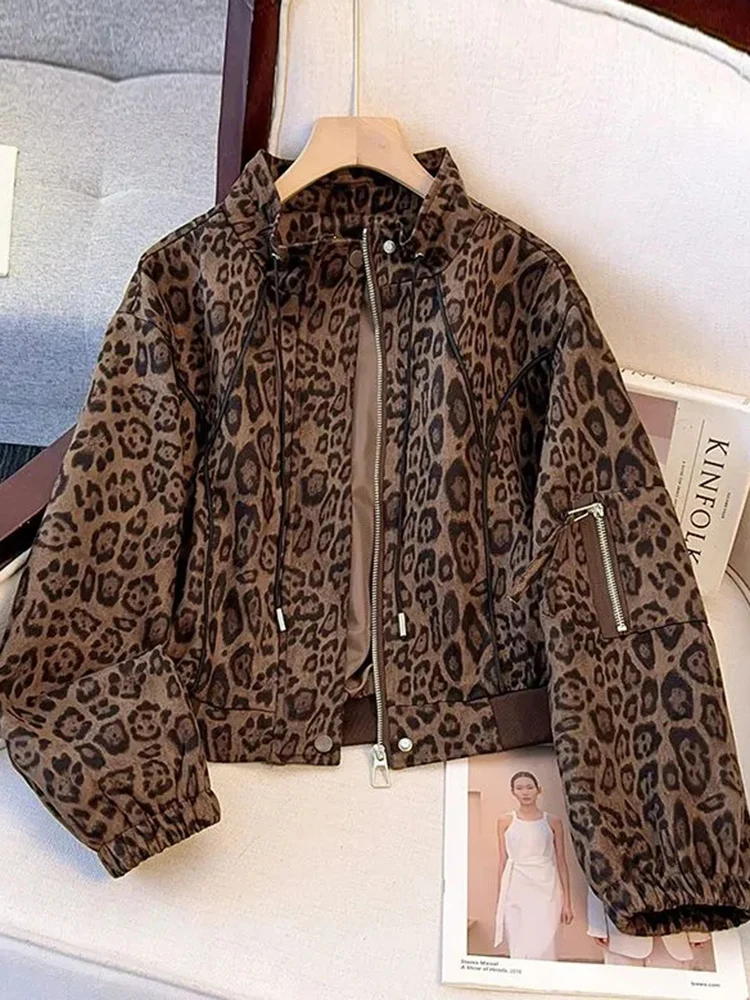 

Винтажная леопардовая куртка Y2K, женская осенняя уличная одежда, короткое пальто с воротником-стойкой, Harajuku, американская ретро женская тонкая верхняя одежда с длинными рукавами