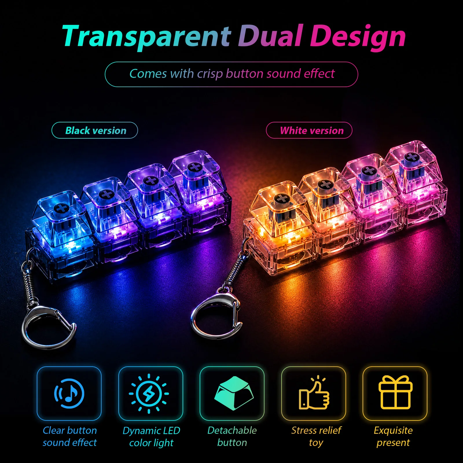 2Pcs Keyboard Clicker with LED Light Keychain 4-Key Transparent Keyboard Toy Anxiety Relieving Clicker Office Decor Gifts