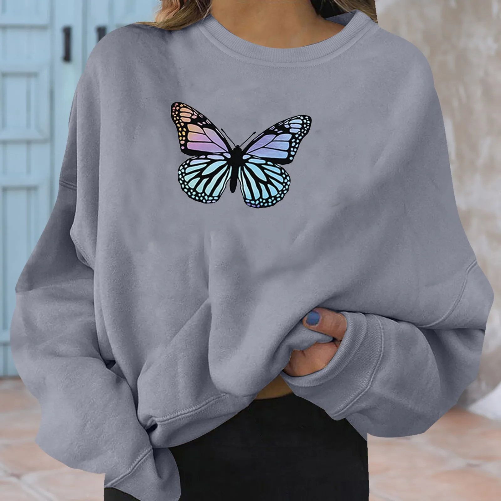 

Butterfly Print Sweatshirts Womens Harajuku Oversize Leisure Hoodies Outdoor Sports Tracksuits Loose Crew Neck Pullover Sudadera