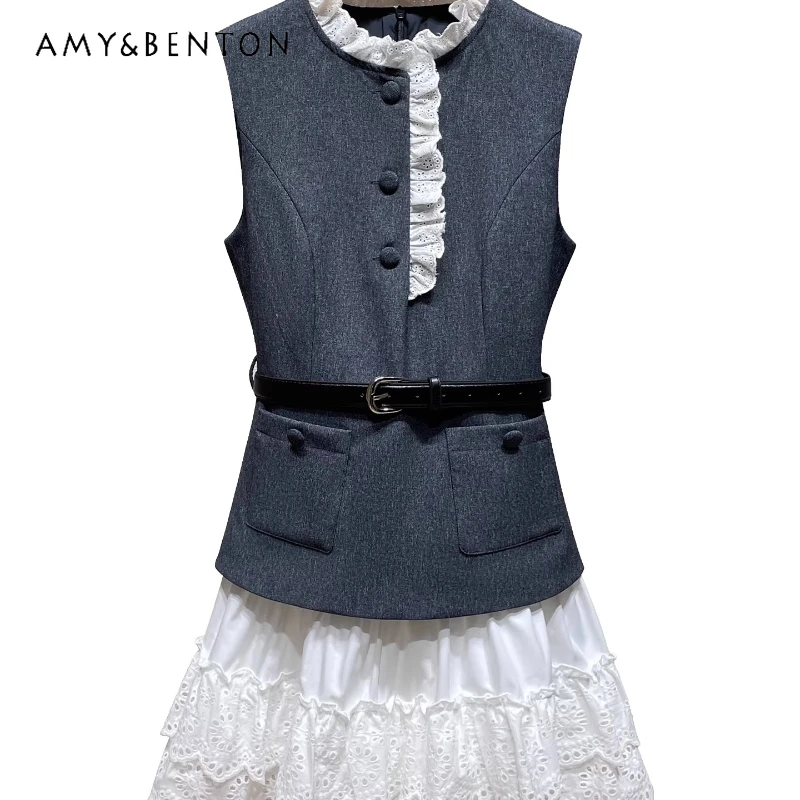 

2026 Summer Women's Clothing Original Design Embroidery Lace Splicing Fake Two Pieces Temperament Sleeveless Vest Dress Ladies