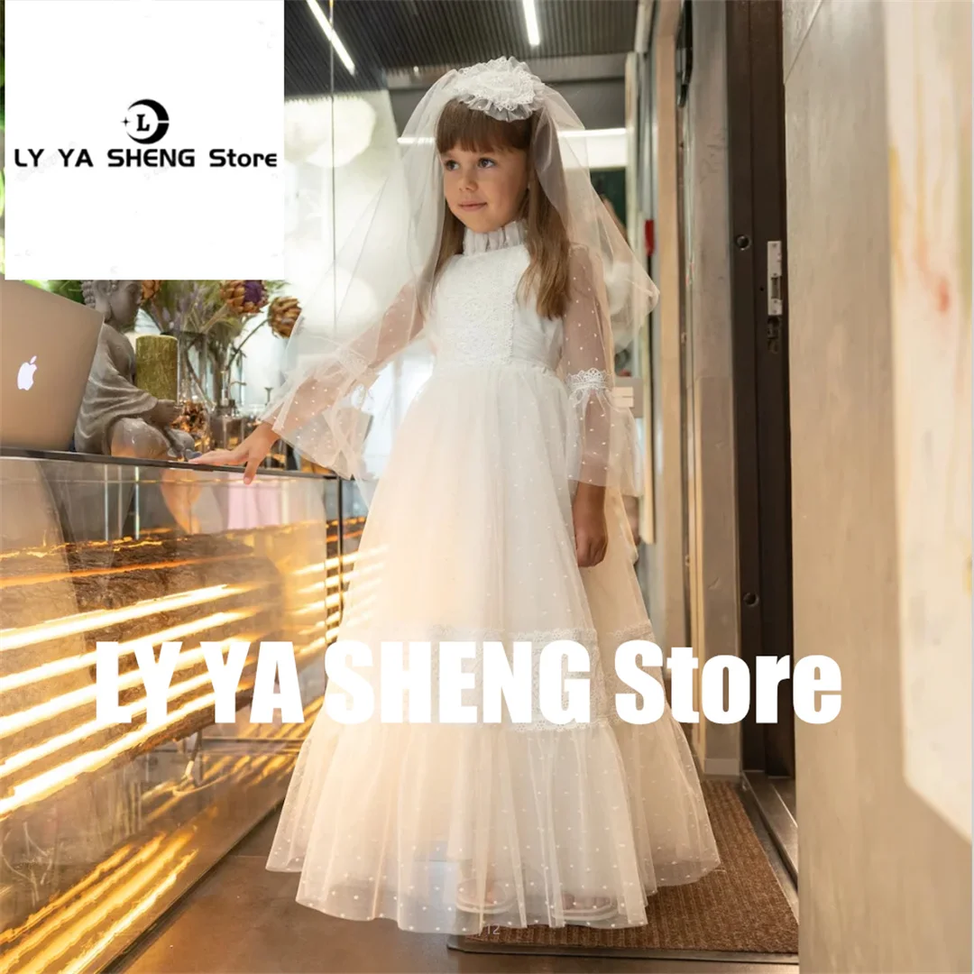 Customized Flower Girl Dress For Wedding Lace Dot Puffy Full Sleeves Tulle Prom Princess Robe First Communion Ball Gowns