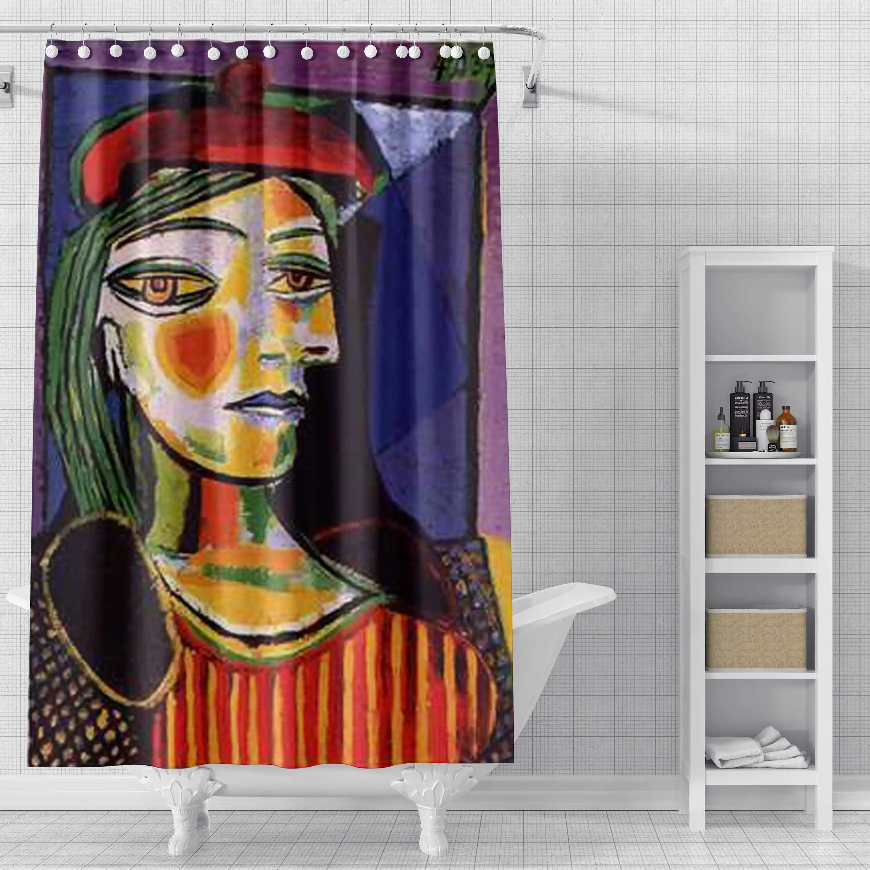 Picasso Oil Painting Shower Curtain Waterproof Bathroom No Drilling Thick Waterproof Curtain