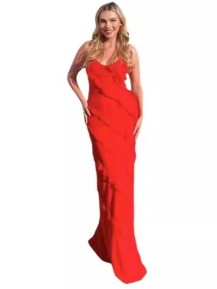 Sexy Spaghetti Strap Dresses Women V-neck Backless Wave Ruffles Package Hip Slit Dress Fashion Trendy  Party Night Club Vestidos