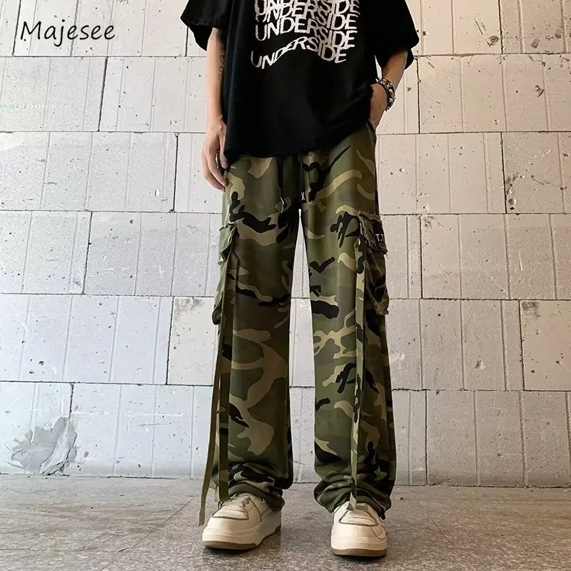 Cargo Pants Men American Style Amouflage Wide Leg All-match Chic Minimalist Full Length High Street Autumn Casual College New