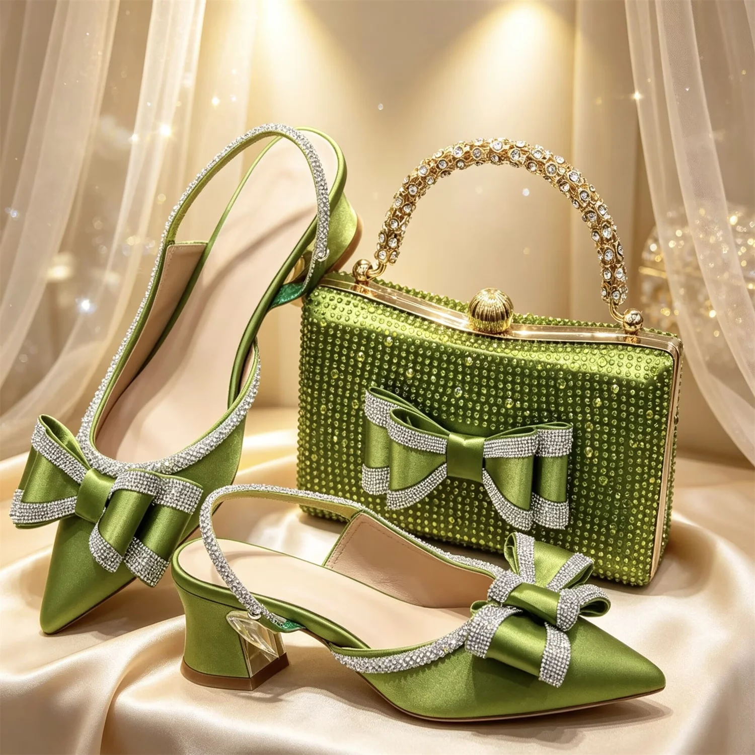 Green Rhinestone Bow Slingback Heels with Matching Handbag Set, Elegant Women Bridal Shoes Purse Kit for Wedding Party, Evening