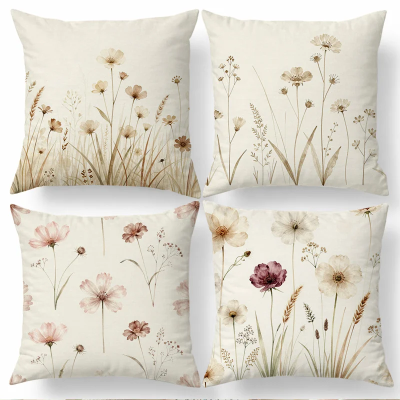 Elegant Botanical Floral Print Pillowcase Set 4PCS Square Cushion Cover Boho Beige Home Decor Accent Pillow