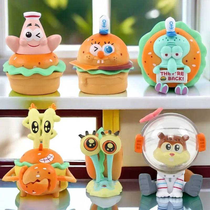 6pcs SpongeBob SquarePants Figure Food Burger Cute Cartoon Patrick Star Doll Car Ornament Kawaii Gift