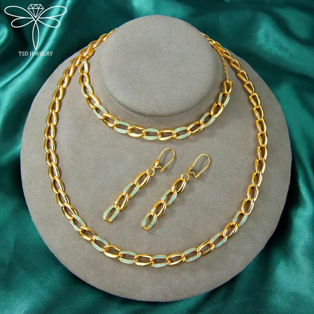 

Italian Gold Color Jewelry Set 21k Gold Plated Dubai Zirconia Geometric Necklace Bracelet Earrings Arabic Muslim Wedding Jewelry