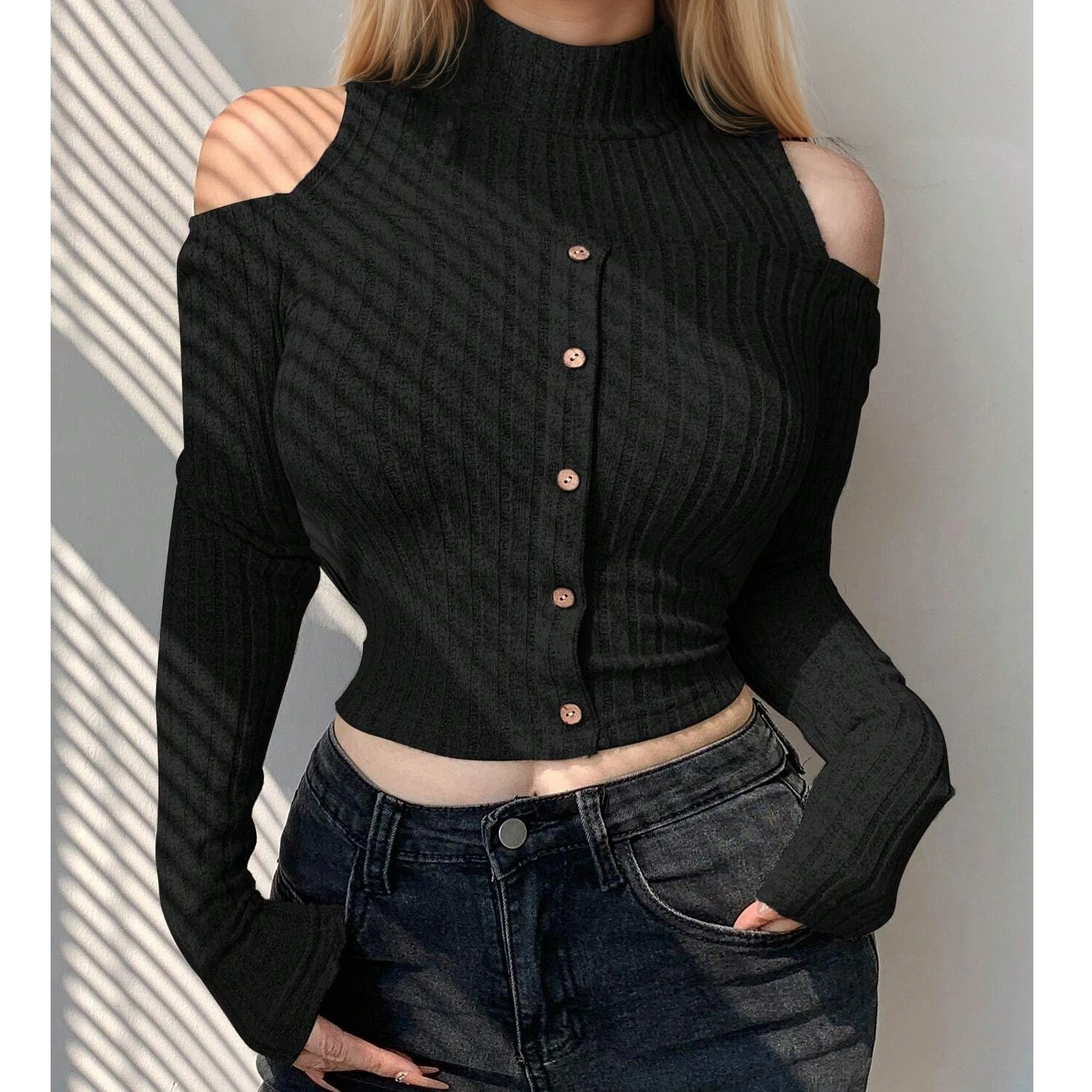 Streetwear Black Cold Shoulder Long Sleeve Crop Top With Buttons Women's Casual Ribbed Knit Tops Alternative Clothes