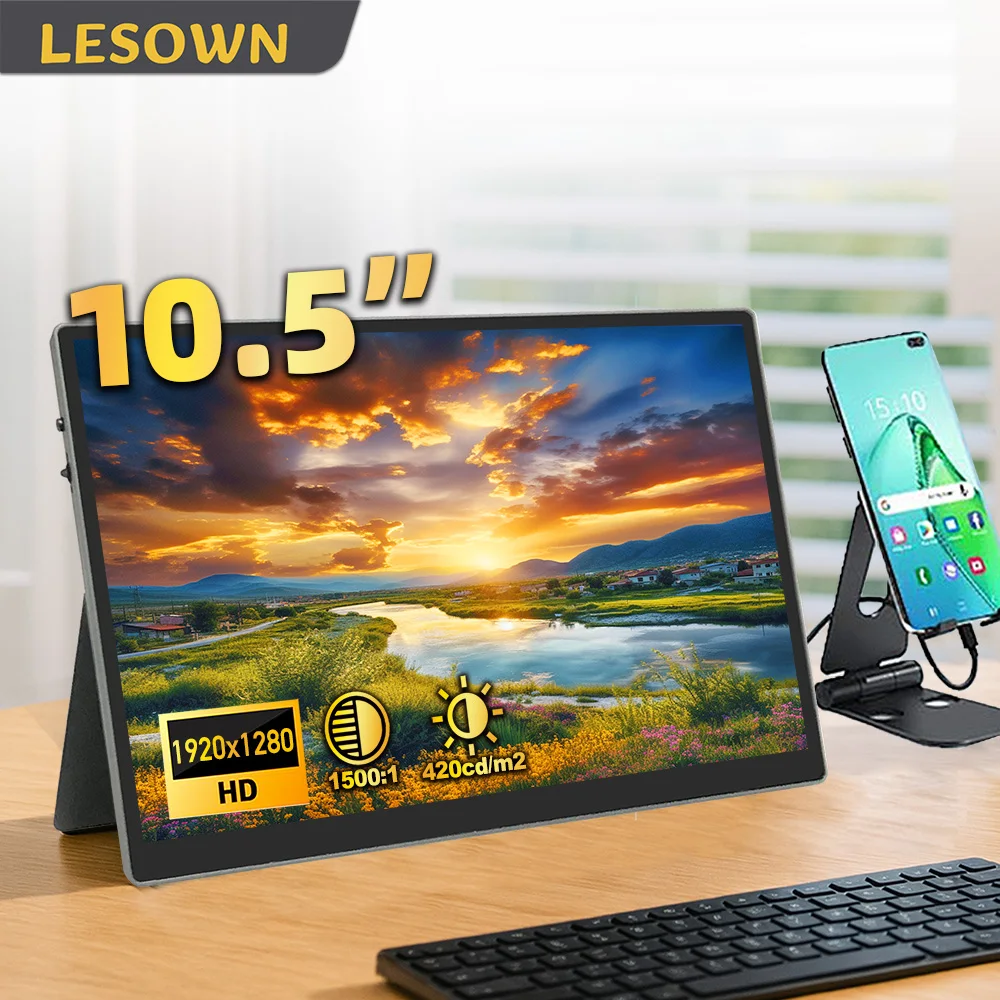 

LESOWN 10,5-дюймовый USB-монитор 1920x1280 IPS ЖК-дисплей, легкий портативный дисплей, компактный внешний экран для ноутбука, игровой настройки