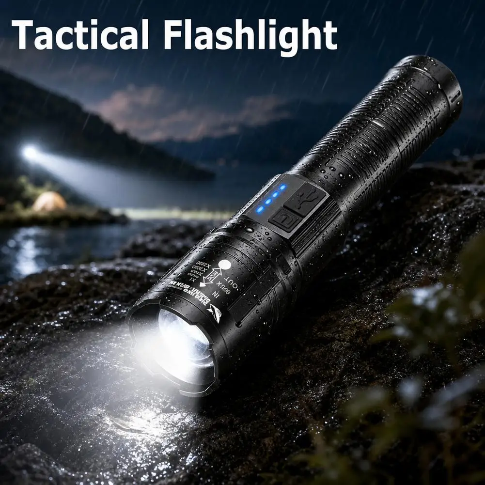 P35 LED Flashlight Telescopic Zoom Torch Light  With 4‑Level Power Indicator  Super Bright Handheld Flashlight For Hiking