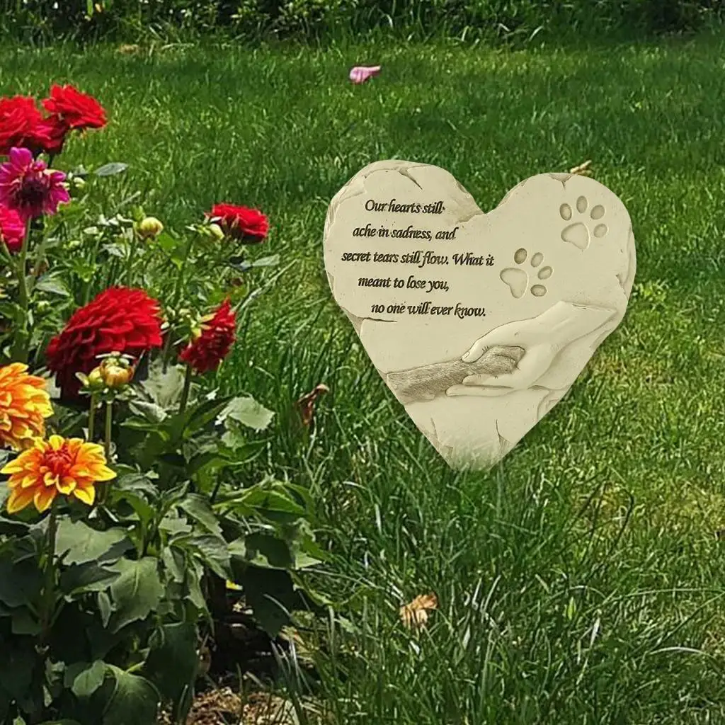 Resin Heart Shaped Pet Memorial Stones Paw Print Cat Dog Garden Grave Markers for Outdoor Patio Backyard Lawn Animals Gravestone