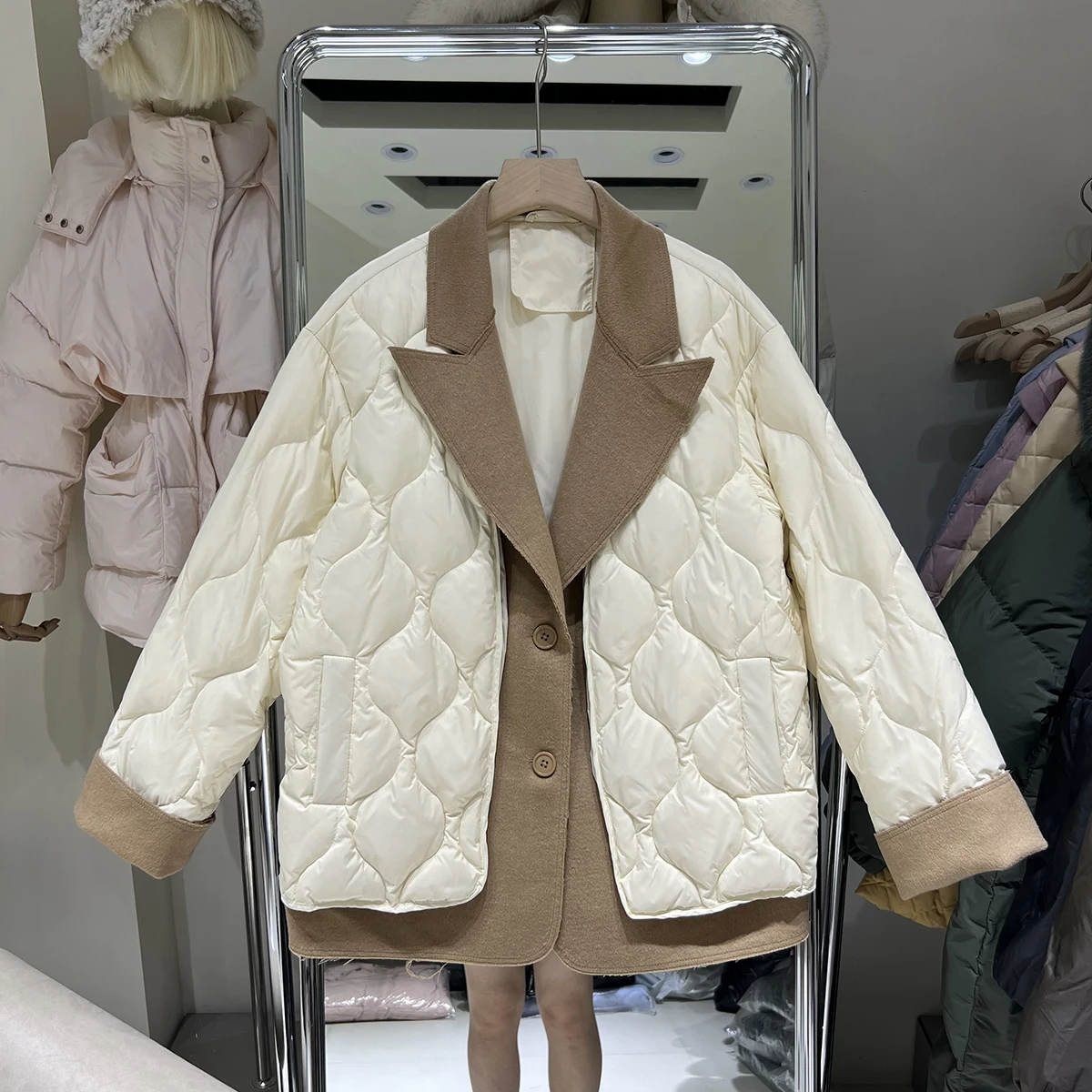 2024 Fashion Patchwork Down blazer donna inverno colletto rovesciato allentato caldo leggero elegante ufficio signora Outwear cappotti top