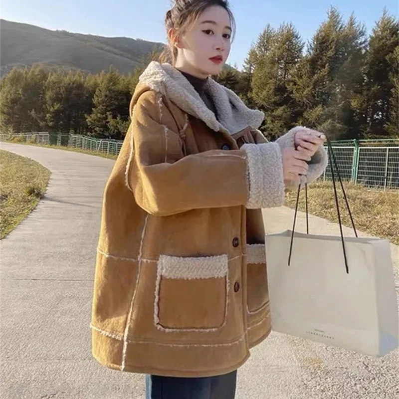 Winter Female Suede Velvet Lamb Wool Tops Ladies Medium Long Styles Hooded Jacket Women Long Sleeves Lntegrated Fur Leather Coat