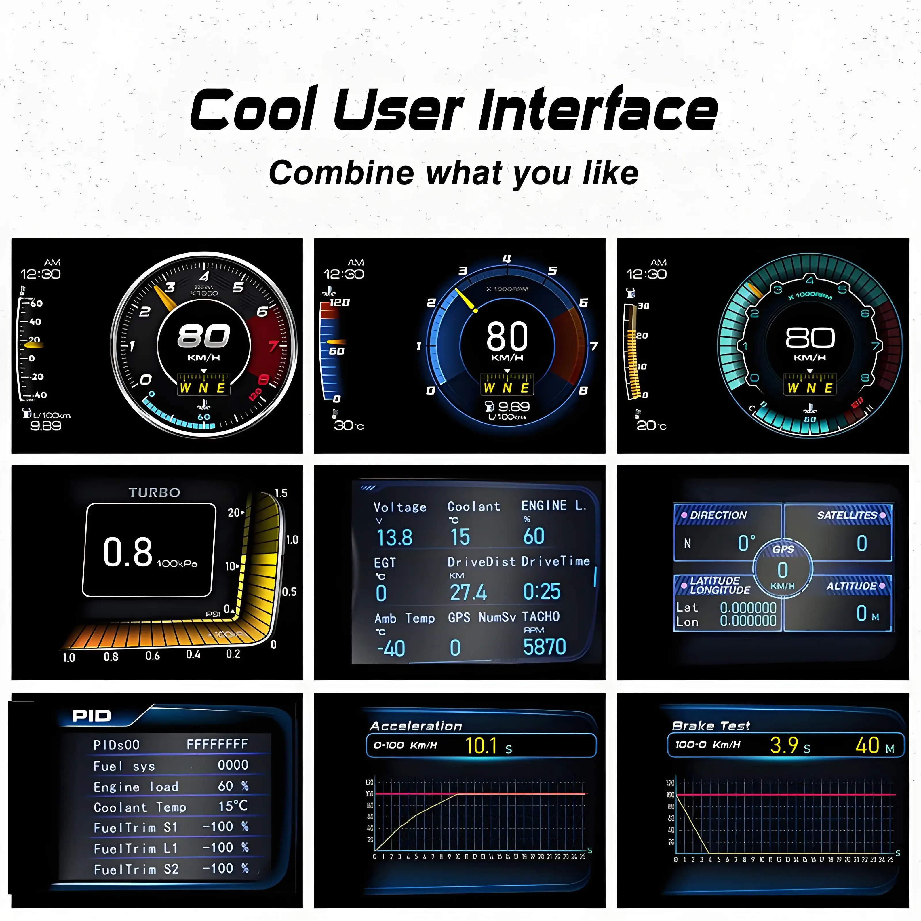 Car HUD Dual Screen Multi-Function Dashboard Head Up Display OBD+GPS Smart Speedometer Auto Gauge Alarm System Turbo Boost Meter