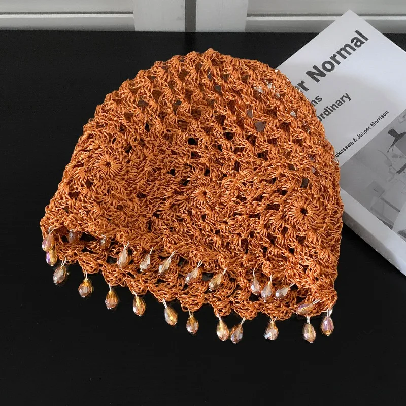 Böhmischer Ethno-Stil Anhänger Handgestrickter Hohlstrick-Pulloverhut für Frauen Sommer- und Herbstreisen Vielseitige Strickmützen – Detail 3