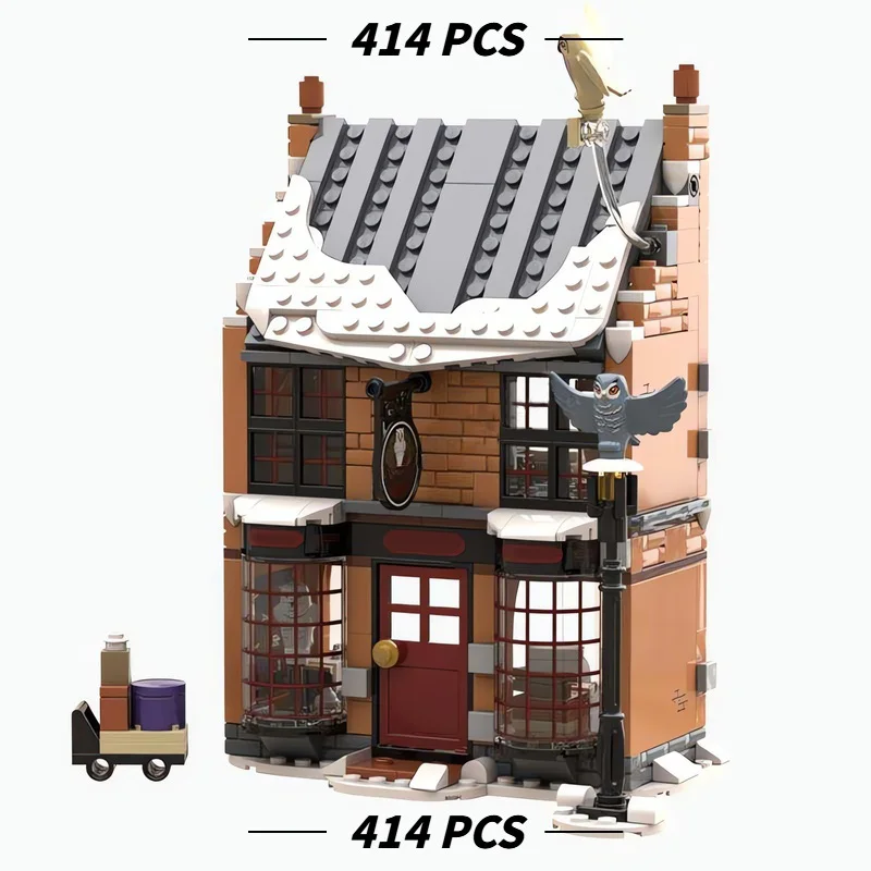 414PCS MOC Magic World Owl Post Office Bricks, Winter Snowy Village House Architecture Model Display Set