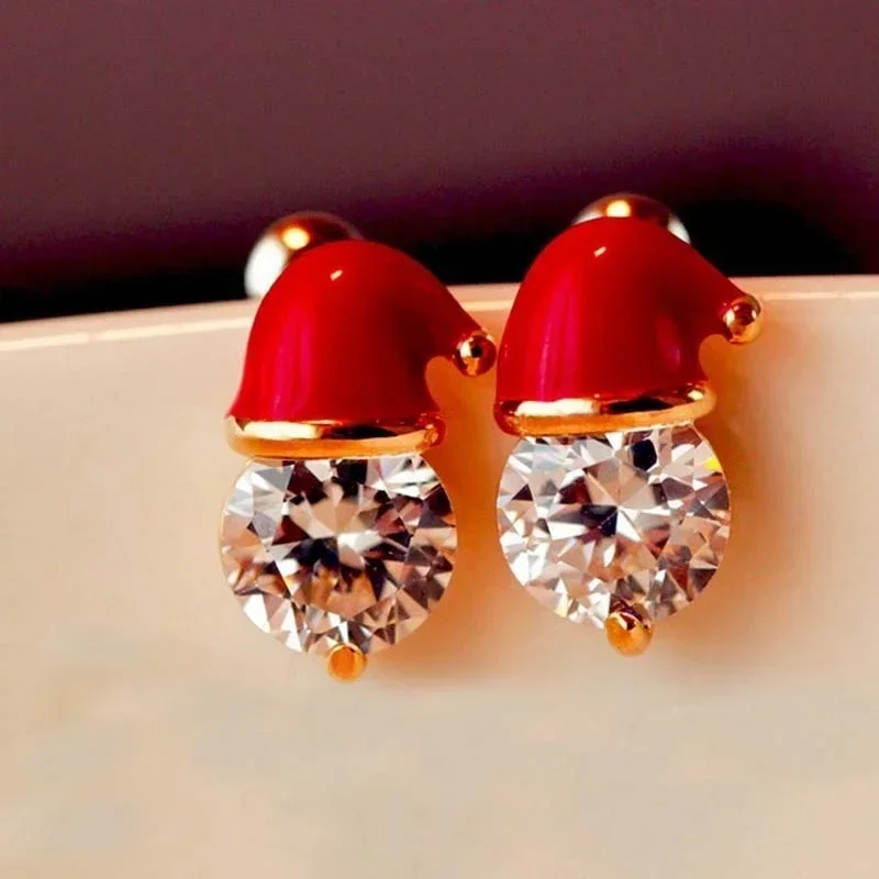 DELYSIA KING Chic Christmas Santa Claus Hat Ear Stud Alloy Crystal Earrings