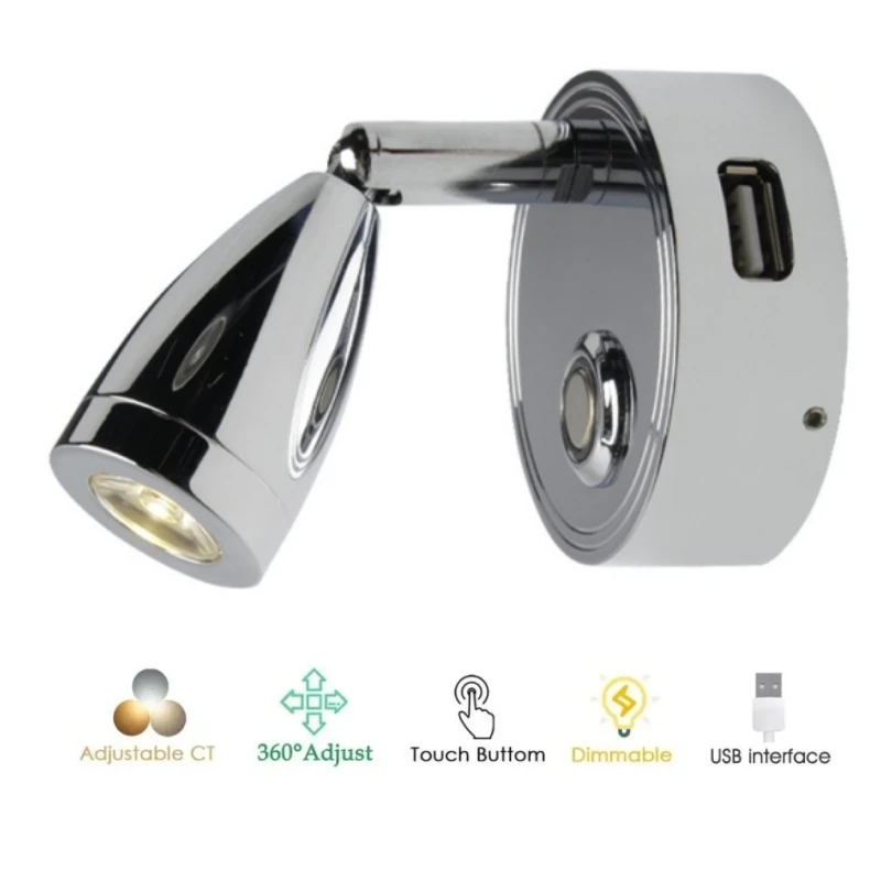

Tokili 12V DC Dimmable Reading Light - Rotatable Wall/Ceiling Lamp w/ USB Charger & Adjustable Brightness for RV, Boat Interior