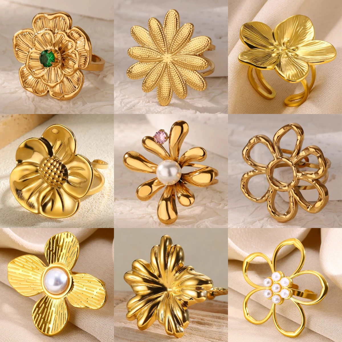 Luxury Stainless Steel Flower Rings For Women Gold Plated Pearl Open Adjustable Ring Trendy Aesthetic Charm Jewerly Gifts 2025