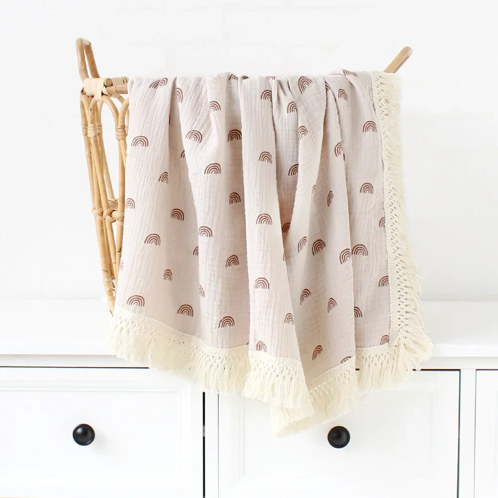 Muslin Tassel Swaddle Wrap Cotton Fringe Baby Blankets Newborn 2 Layers Bedding Cover Infant Gauze Bath Towel