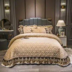 Luxury European Crystal Velvet Quilted Bedspread Queen King Size Lace Embroidery Single Double Bed Cover Winter Warm Bedding