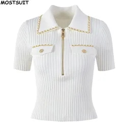 Summer Stylish Slim Sweater Women Knitted Tops Tshirt Chain Gold Buttons Zip-up Tees Knitwear Vintage Elegant Chic Ladies Jumper