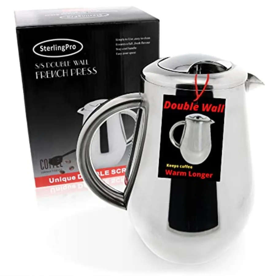 

Stainless Steel French Press Coffee Maker Large 1 L 34 oz with 2 Extra Filters Silver Double Walled Insulated Coffee Press Keep