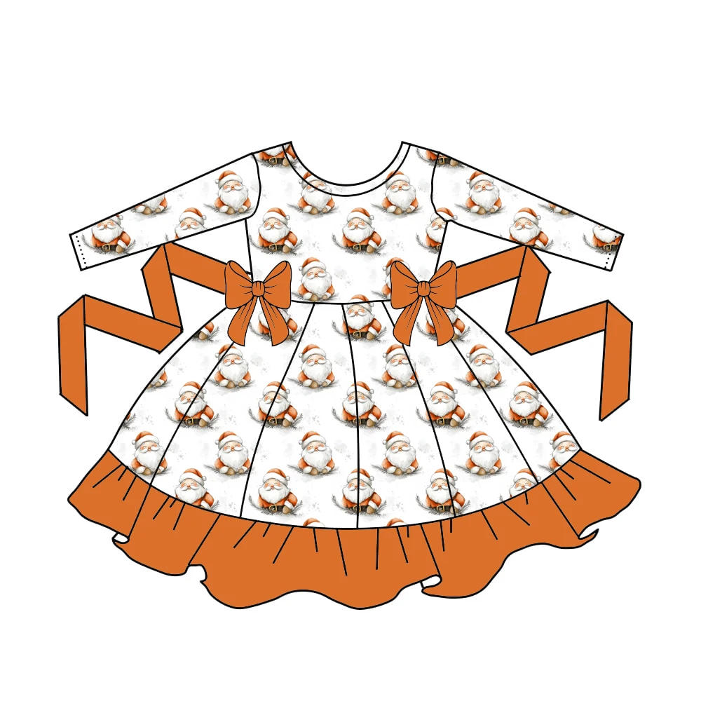 New Boutique Kids Dress Ruffles Ribbon Bow decoration Long-Sleeve Dress Christmas Collection Print Wholesale