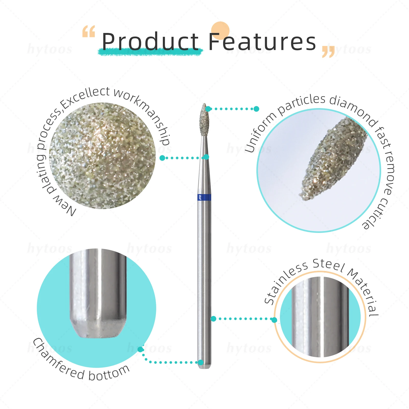 HYTOOS Diamond Cuticle Nail Drill Bits 2mm Small Flame Russian Nail Bit Professional Safety Under Nail Dead Skin Cleaner Tool