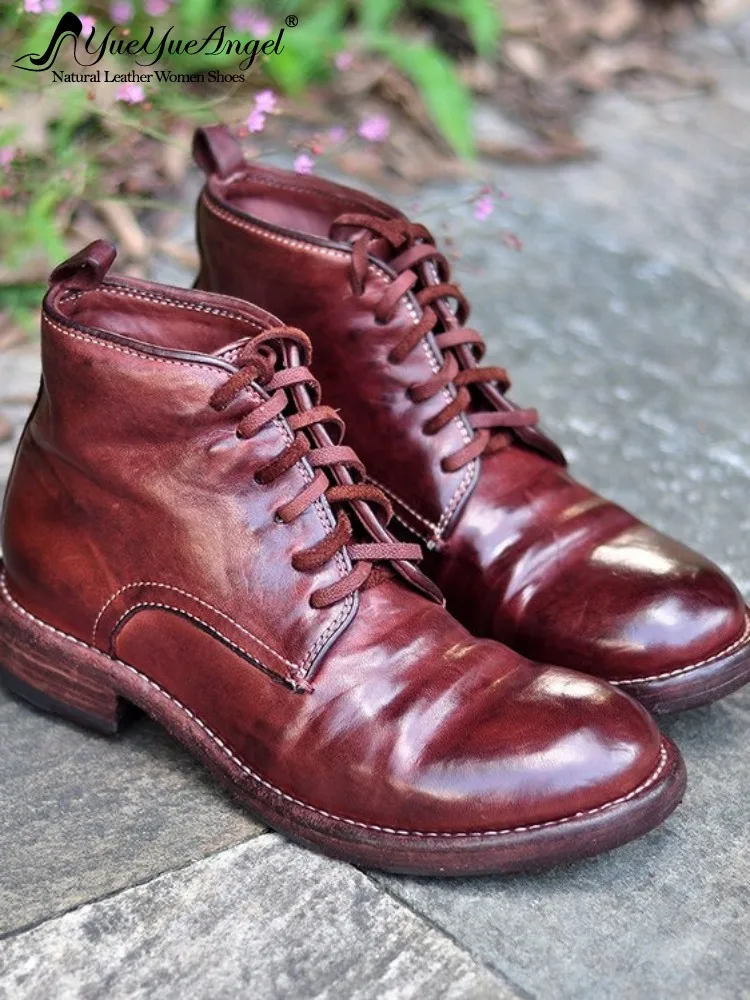 Vintage Women Genuine Leather Short Boots Lace Up British Style Autumn Casual High Top Shoes Handmade Horsehide Motorcycle Boots