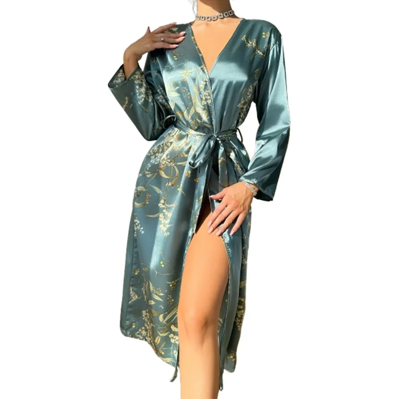 Little Cherry Print Belted Robe Sexy Satin Elegant Loungewear Four Seasons Breathable Sleepwear for Women