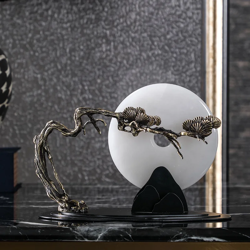 

Metal Handicraft Natural Jade Chinese Ring Sculpture Golden Bough Decorative Figurines Home Decoration Accessories