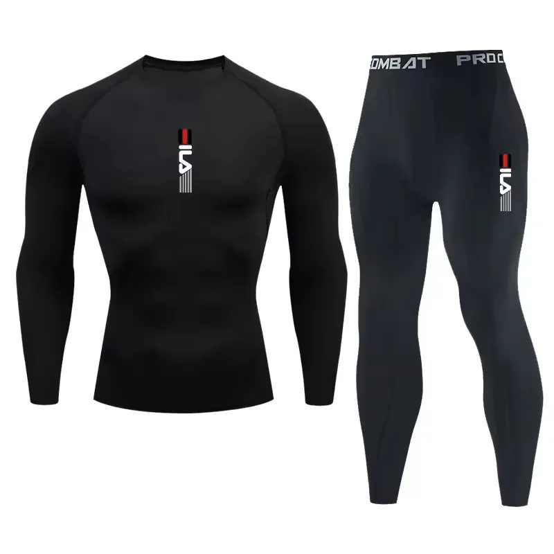 Tuta sportiva da corsa da uomo PALESTRA Sport attillati Maniche lunghe T-shirt Allenamento Jogging Fitness Tuta Pantaloni Compressione Set da 2 pezzi