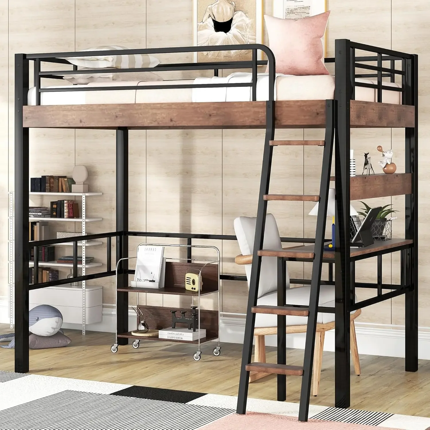 Twin Loft Bed Storage Shelves Power Outlet LED Light Safety Guard Ladder Sturdy Frame Easy Assemble USB Port 78.7L x 57.8W