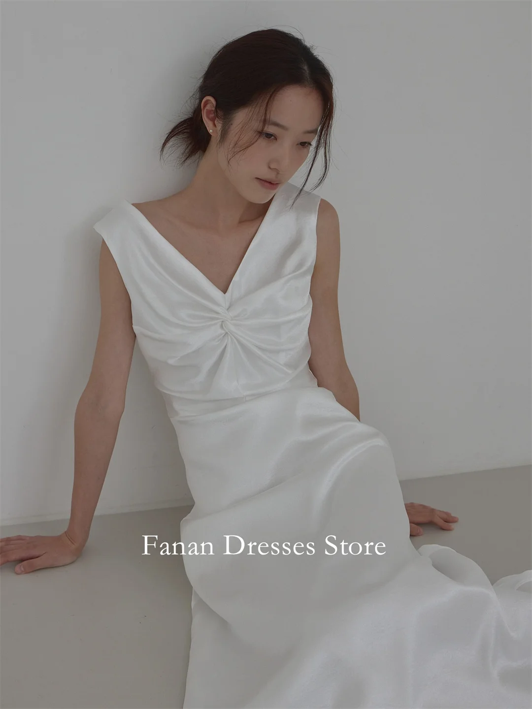فانانان كوريا على شكل حرف a طول الأرض ورقبة على شكل حرف V فساتين العروس الحرير الساتان مشد غمد فساتين الزفاف سترس عاجي مخصص Pr #2