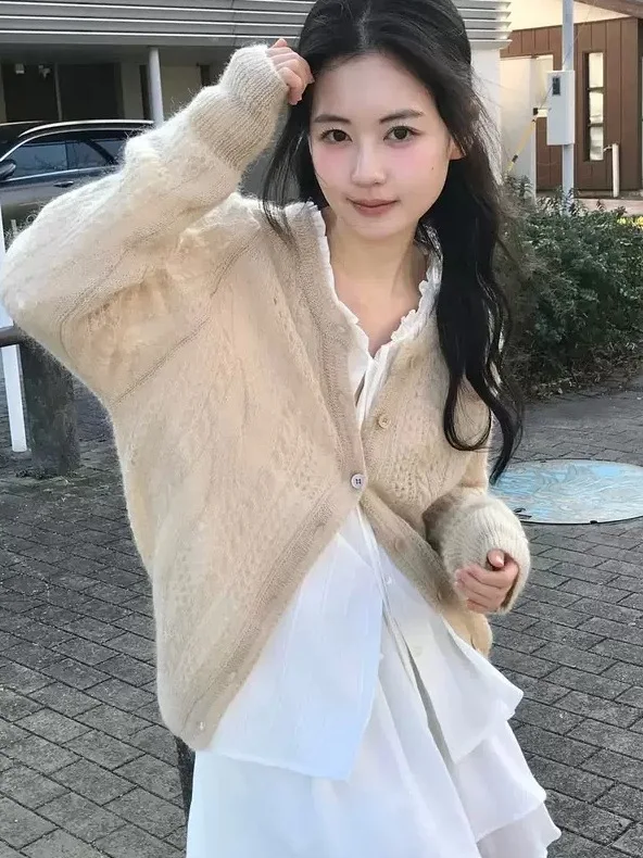 

East Gate Maha Wool Knitted Open Cardigan Women's Loose Long Sleeve Soft Style Lazy Outerwear Sweet Style Knitted Coat