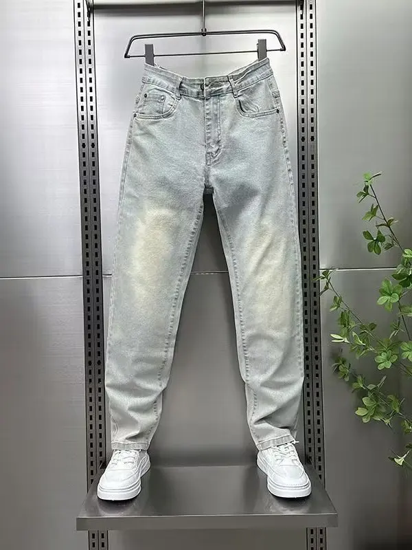 

Голубые облегающие мужские джинсы с завышенной талией, прямые повседневные длинные брюки, весенне-осенние универсальные брюки, удобные хлопковые стринги...