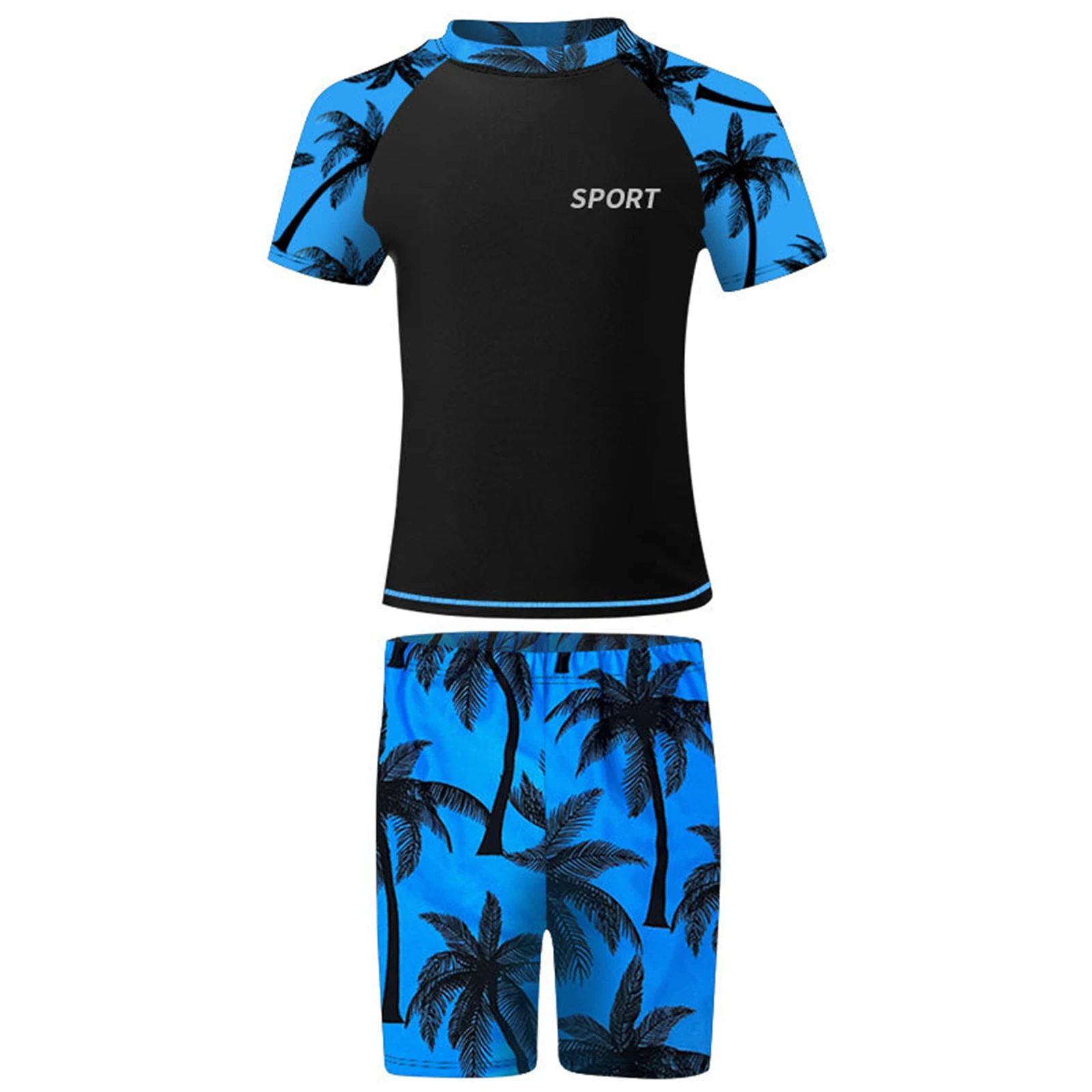 Children Boys Two-piece Swimwear Rash Guard Short Sleeve Tops with Drawstring Shorts Bathing Suit Surfing Swimsuit Sportswear