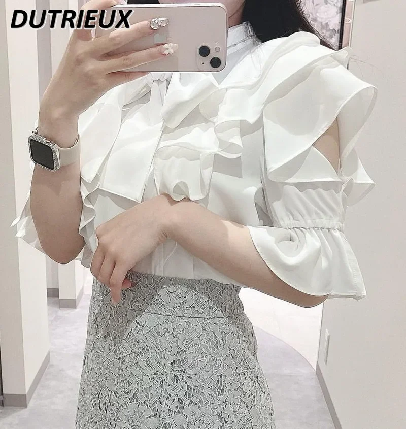 Elegante Blouse Vrouwelijke Ruches Rand Korte Mouw Shirt Effen Kleur Mode Japanse Stijl Casual Shirts Eenvoudige Vrouwen Tops Zomer