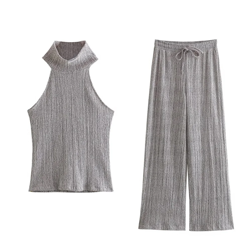 Nimossa 2026 Summer Women's Fashion Design Sense Hanging Neck Top Straight Tube Texture Wide Leg Long Pants Set Wholesale