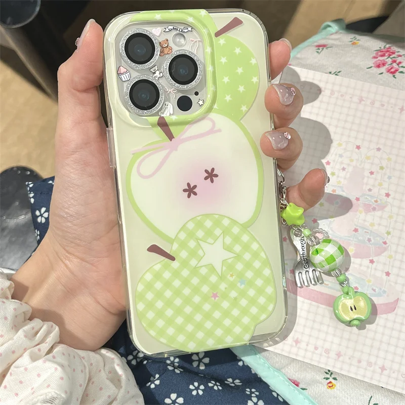 Funda de teléfono de manzana verde con lazo de mariposa, rejilla de luz blanca transparente de cristal con cadena para iPhone 11 12 13 14 15 16 promax
